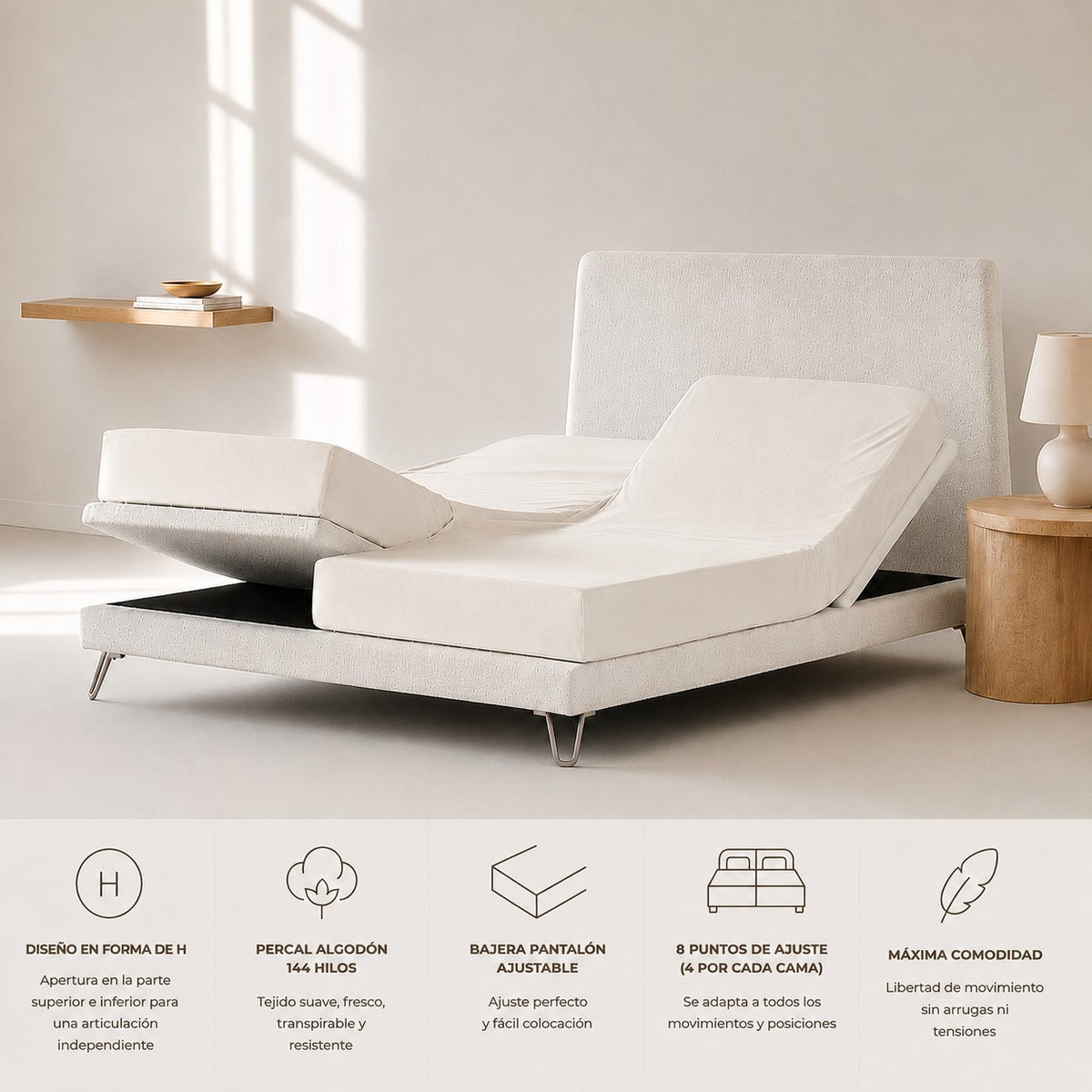 Bajera para cama articulada doble confeccionada en percal de algodón 200 hilos con estructura en forma de H. BEIGE