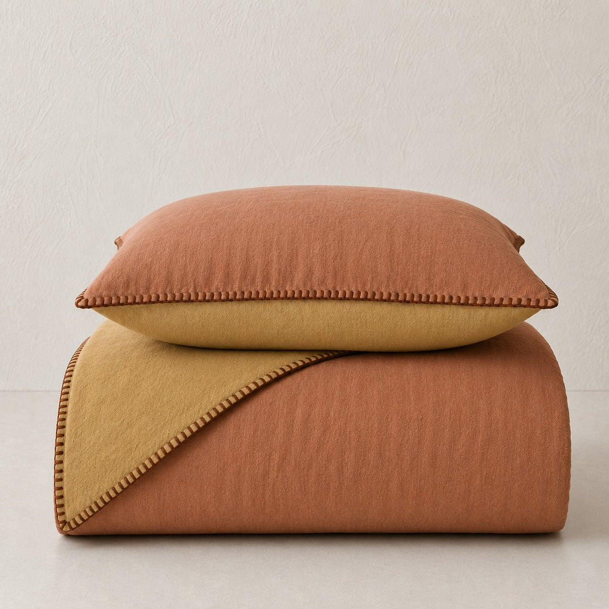 Funda nórdica reversible de algodón percal 200 hilos caldera y mostaza con cierre de botones