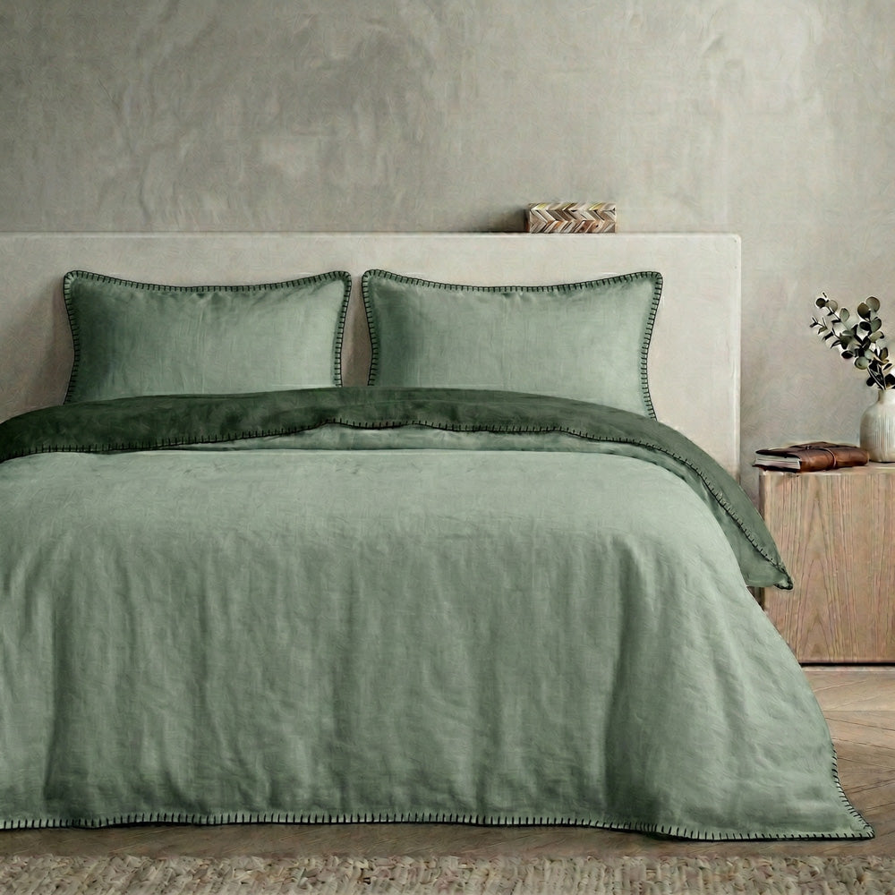 Funda nórdica bicolor reversible en verde claro y verde oscuro de algodón percal 200 hilos