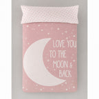 Sábana infantil de percal algodón 144 hilos color ROSA con estampado de luna blanca y pequeñas estrellas, suave, fresca y transpirable.