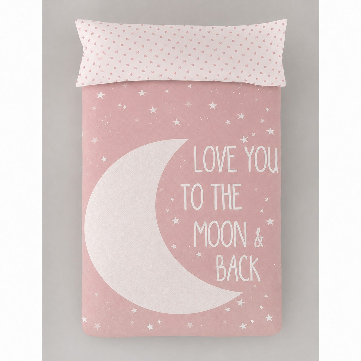 Sábana infantil de percal algodón 144 hilos color ROSA con estampado de luna blanca y pequeñas estrellas, suave, fresca y transpirable.