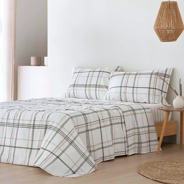 Juego de sábanas de percal algodón 200 hilos con diseño clásico de cuadros beige, acabado mate, alta transpirabilidad y estilo atemporal para cualquier dormitorio
