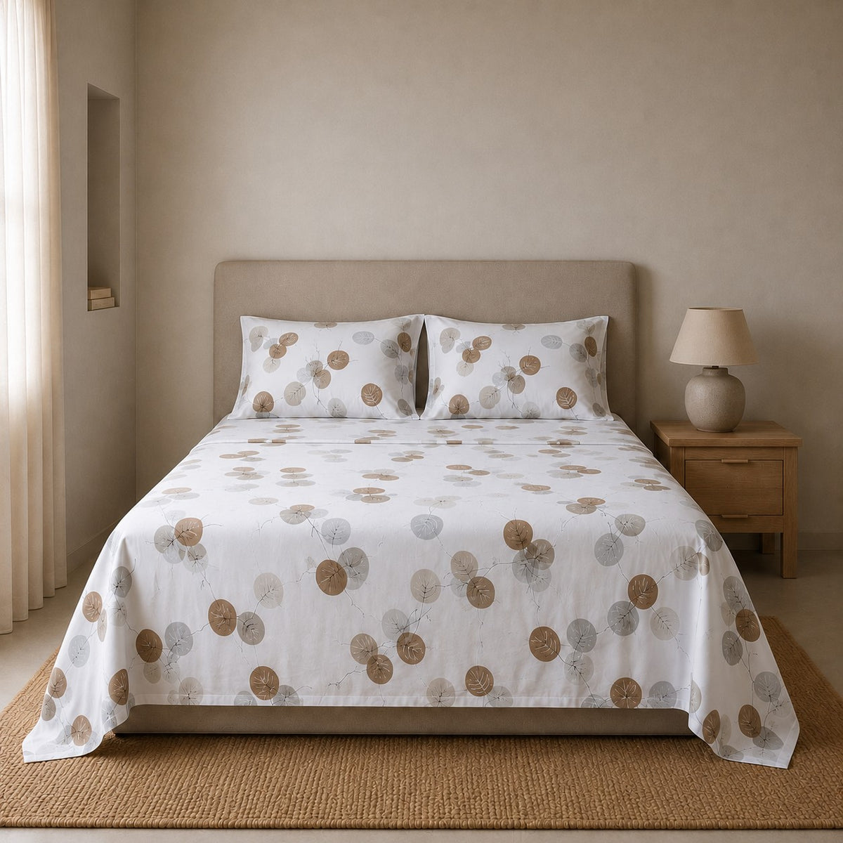 Juego de sábanas de algodón orgánico gris y beige, con acabado mate, tejido ligero y diseño elegante para crear un ambiente acogedor.