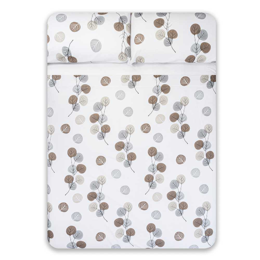 Ropa de cama gris y beige confeccionada en algodón orgánico de alta calidad, agradable al tacto y respetuosa con el medio ambiente.