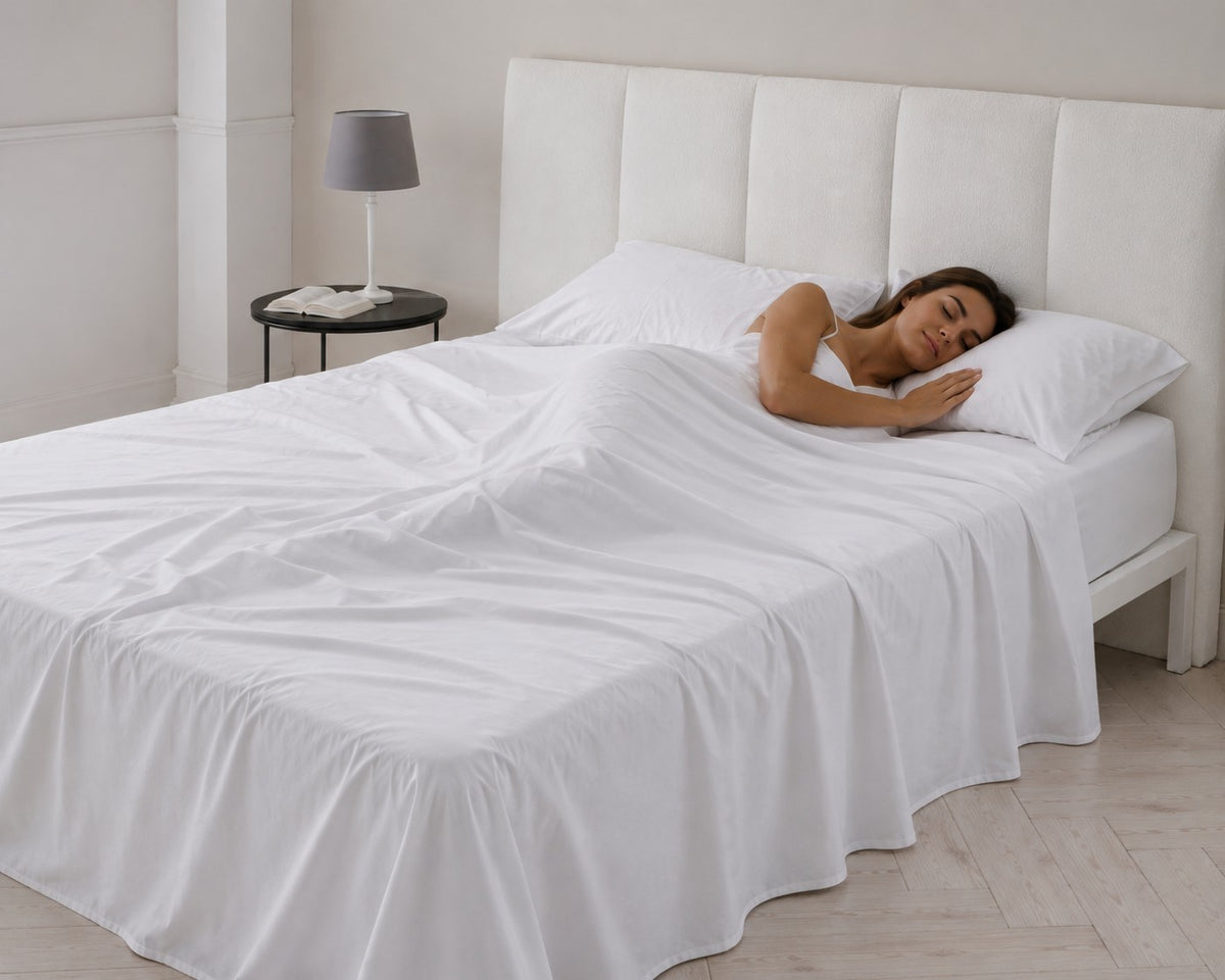 Cama vestida con juego de sábanas blancas de satén 400 hilos en algodón egipcio de alta calidad y brillo sutil.