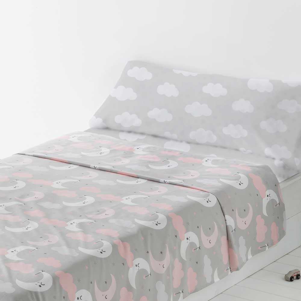Sábanas infantiles gris y ROSA de algodón-poliéster con tejido agradable al tacto, fácil mantenimiento y diseño moderno para dormitorio infantil.