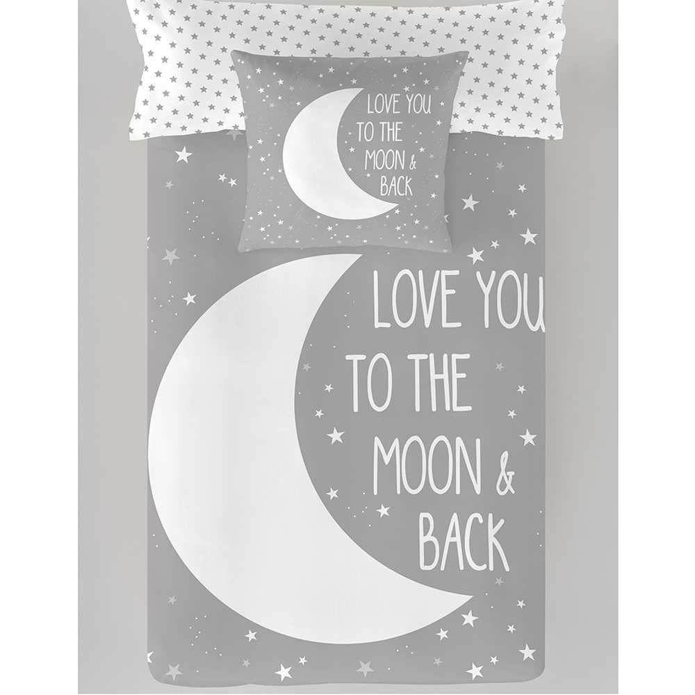 Juego de sábana infantil de percal algodón 144 hilos con diseño de luna y estrellas sobre fondo gris, resistente y confortable.