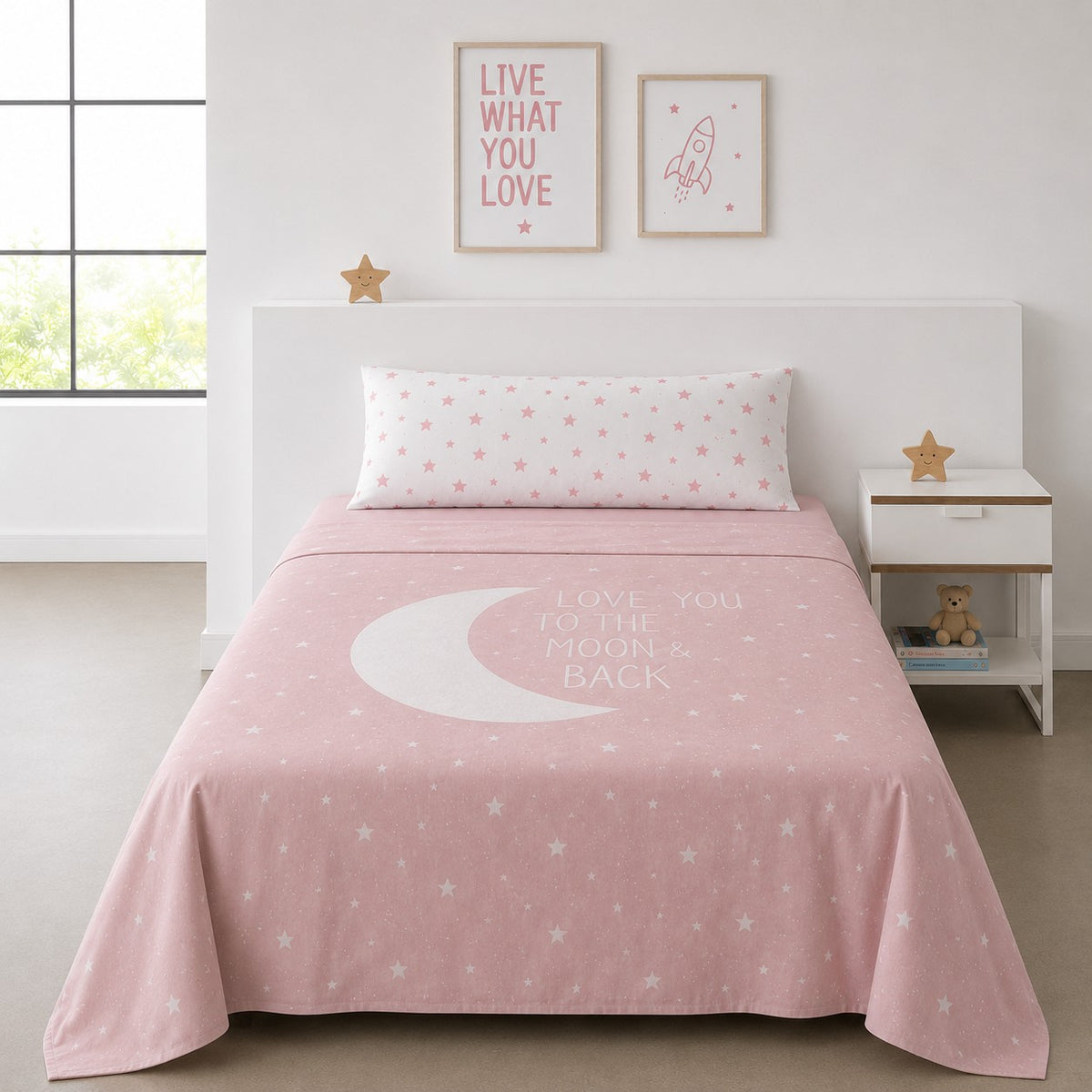 Juego de Sábanas Infantil MOON PINK - Percal Algodón 144 Hilos Rosa