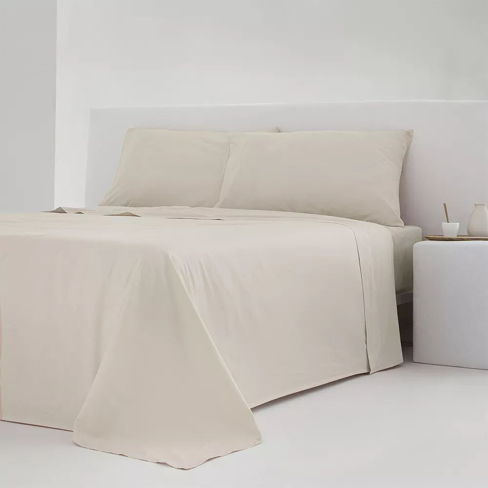 Juego de sábanas BEIGE  liso de percal de algodón de 200 hilos compuesto por sábana encimera, bajera ajustable y funda de almohada, con tejido fresco, transpirable, acabado mate y tacto suave