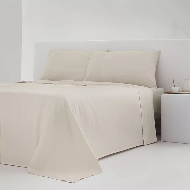 Juego de sábanas BEIGE  liso de percal de algodón de 200 hilos compuesto por sábana encimera, bajera ajustable y funda de almohada, con tejido fresco, transpirable, acabado mate y tacto suave