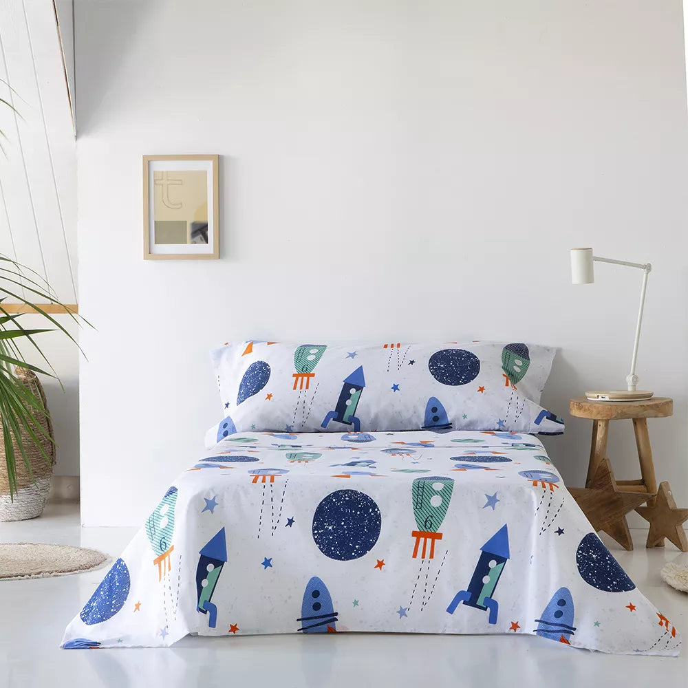 juego de cama infantil juvenil con cohetes Juego de sábanas gris de tacto confortable, confeccionado en tejido algodón poliéster de fácil cuidado.  azul 