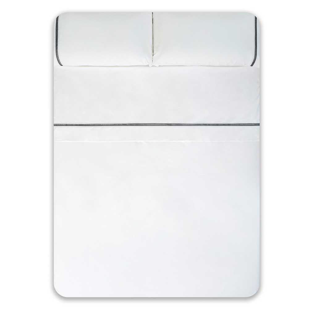 Juego de sábana blanca de percal de algodón de 200 hilos con refinada Vainica gris decorativa.