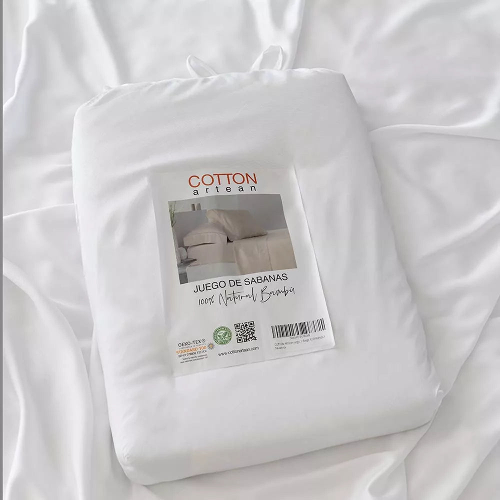 Ropa de cama de bambú orgánico blanco de 300 hilos con tejido suave y regulación natural de la temperatura para un descanso reparador.