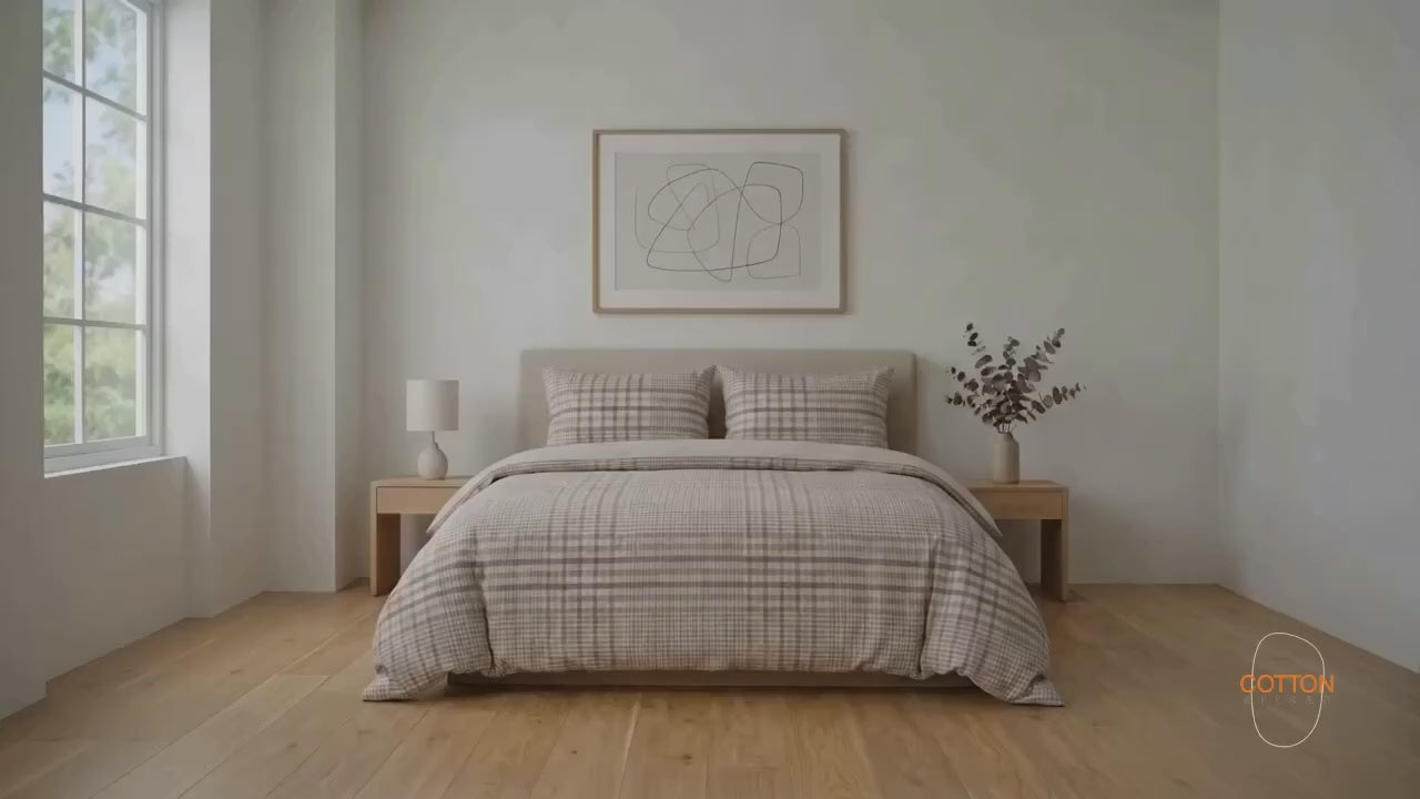Funda nórdica de percal de algodón beige 200 hilos con diseño de cuadros